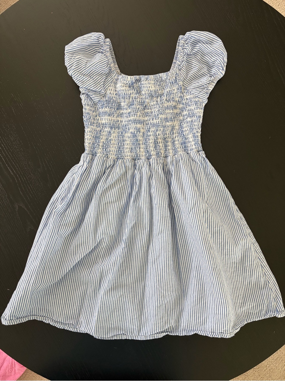 Crewcuts Light Blue and White Striped Smocked Puff Sleeve Dress